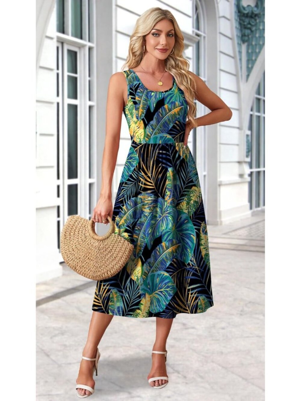 Women Blue Print Casual Midi Dress Sleeveless Pockets Beach Vacation Sundresses - Picture 3 of 5